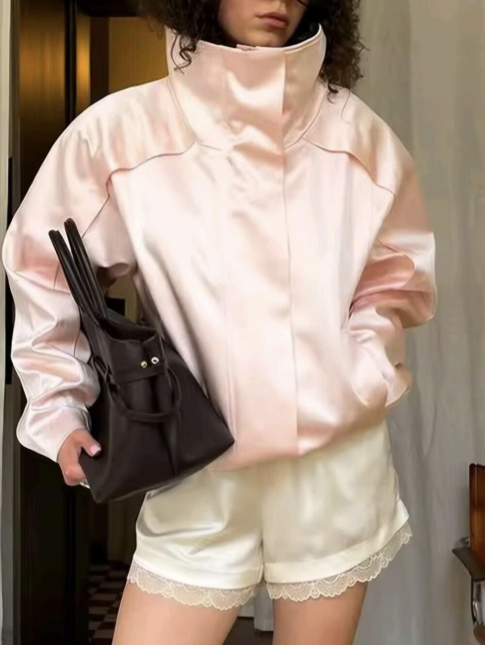 Coat Pink Stand Up Collar Long Sleeve Zipper Female Casual Coats Winter Fashion